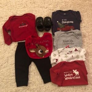 Baby Boy First Christmas 8pc Outfit Set 3-6 Month Navy Red Black Festive EUC
